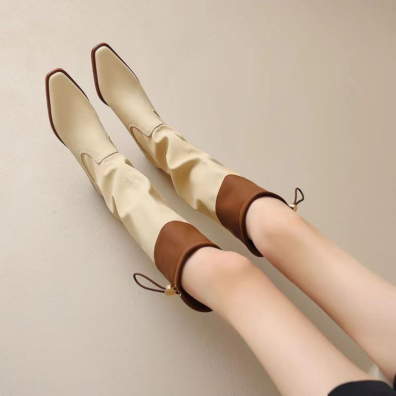 Waterproof Winter Boot - Aprikose, quadratische Zehenpartie, lange Damenstiefel, wasserdicht,